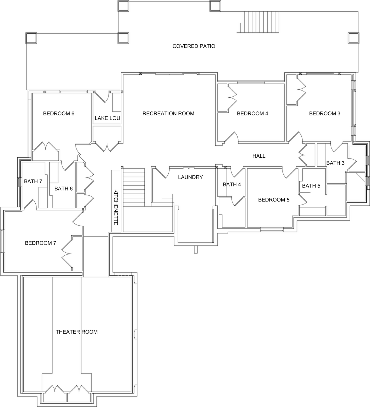 Basement floor plan showing all walls, doors, hallways, and room names